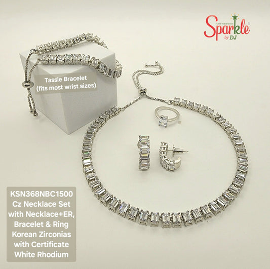 Necklace set with earrings, bracelet & ring fitted with emerald cut Korean Cz with certificate