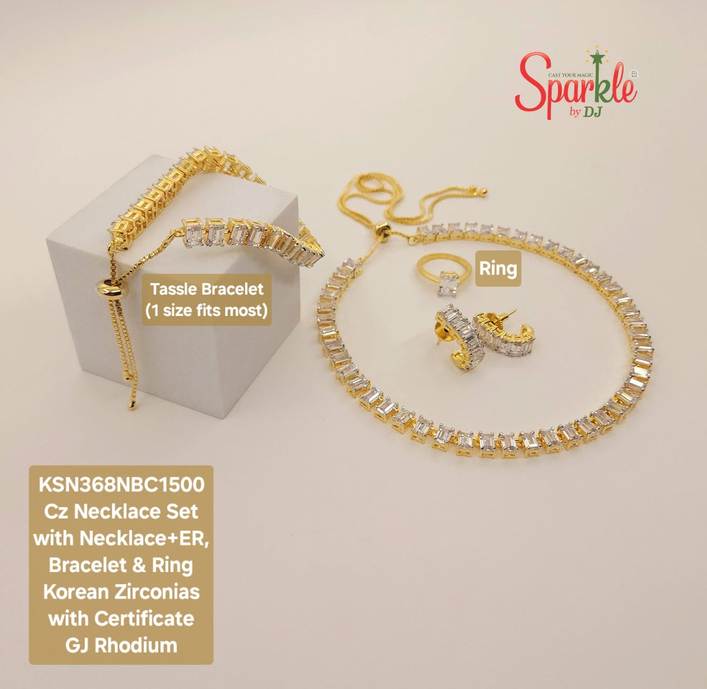 Necklace set with earrings, bracelet & ring fitted with emerald cut Korean Cz with certificate