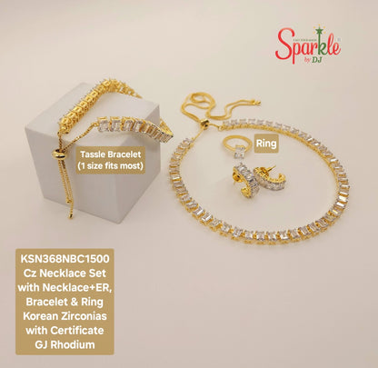 Necklace set with earrings, bracelet & ring fitted with emerald cut Korean Cz with certificate