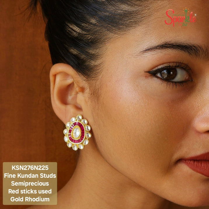 Fine Kundan Studs set with semiprecious Red stones in 24 carat Gold Rhodium