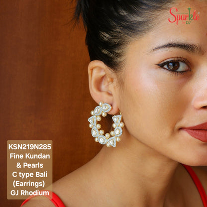 Fine Kundan 'C' type earrings with Cz & pearls