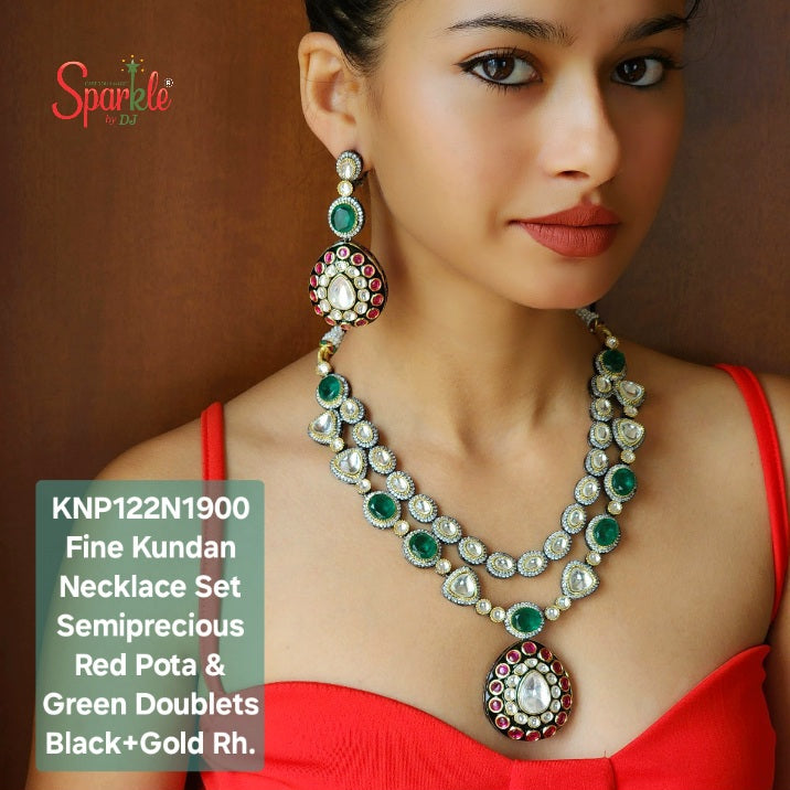 Fine Kundan Necklace Set embellished with semiprecious Green Doublets & Red Pota stones