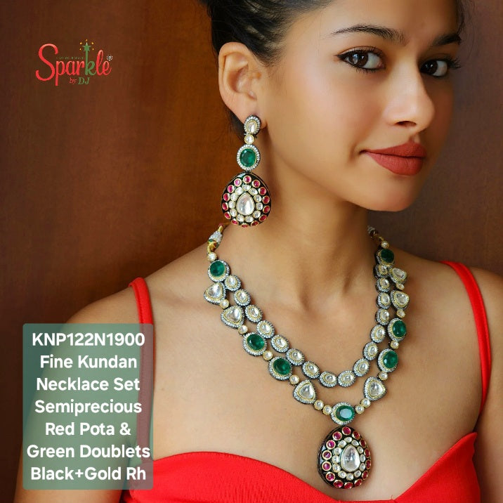 Fine Kundan Necklace Set embellished with semiprecious Green Doublets & Red Pota stones