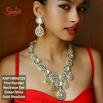 Fine Kundan Long Necklace set with Mina in 24ct Gold rhodium