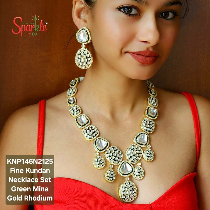 Fine Kundan Long Necklace set with Mina in 24ct Gold rhodium