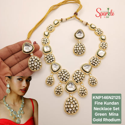 Fine Kundan Long Necklace set with Mina in 24ct Gold rhodium