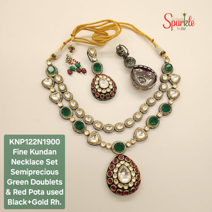 Fine Kundan Necklace Set embellished with semiprecious Green Doublets & Red Pota stones