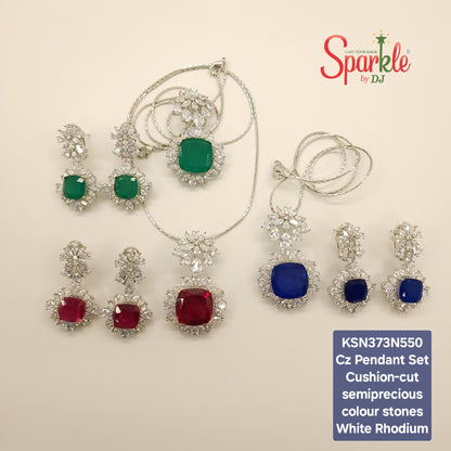 Cz Pendant Set with cushion-cut semiprecious stones