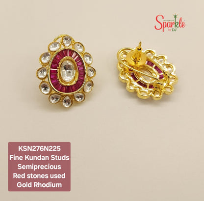 Fine Kundan Studs set with semiprecious Red stones in 24 carat Gold Rhodium