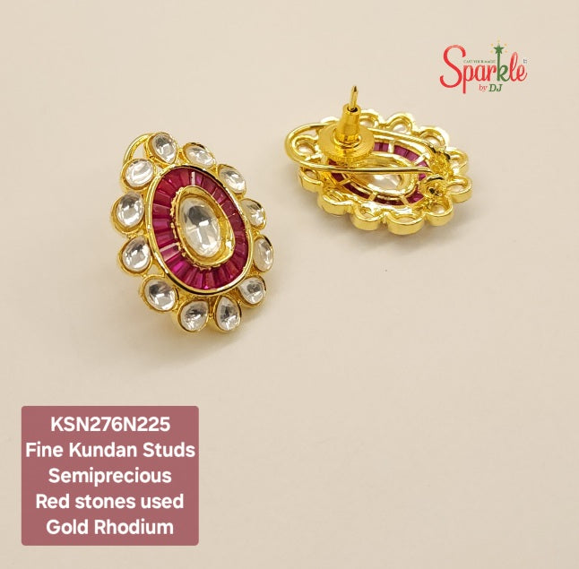 Fine Kundan Studs set with semiprecious Red stones in 24 carat Gold Rhodium