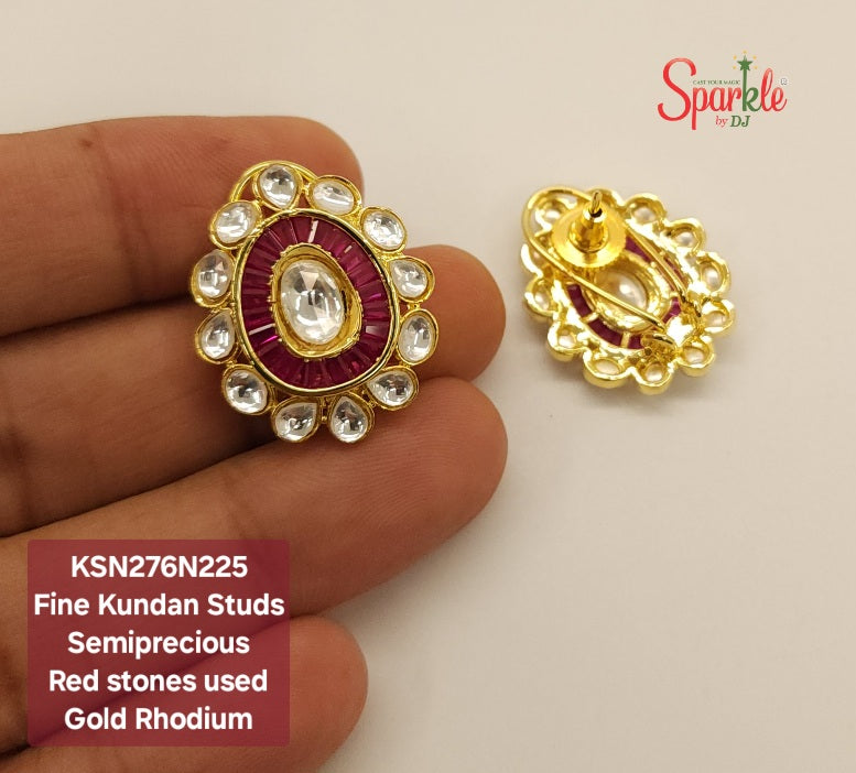 Fine Kundan Studs set with semiprecious Red stones in 24 carat Gold Rhodium