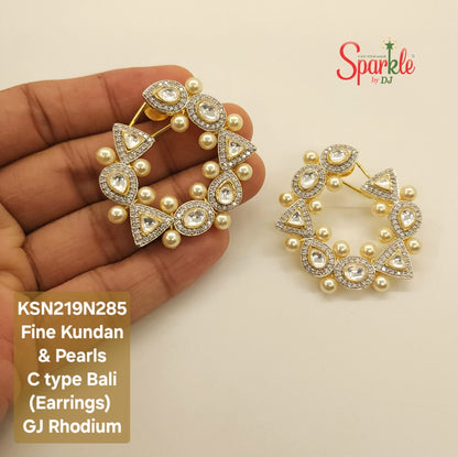 Fine Kundan 'C' type earrings with Cz & pearls