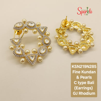 Fine Kundan 'C' type earrings with Cz & pearls