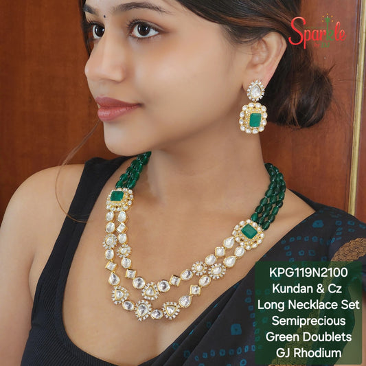 Cz Kundan Long Necklace set with semiprecious colour stones