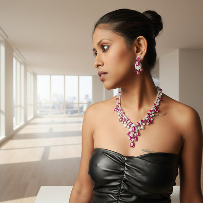 Statement 3 dimensional CZ Necklace set with cz & semiprecious stones