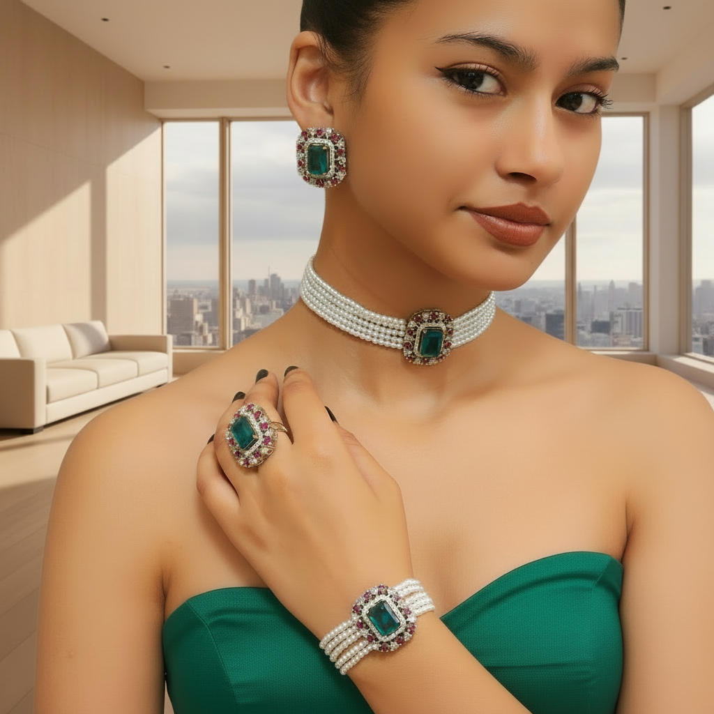 Woman wearing a choker set with tops, bracelet, and ring from Sparkle by DJ.