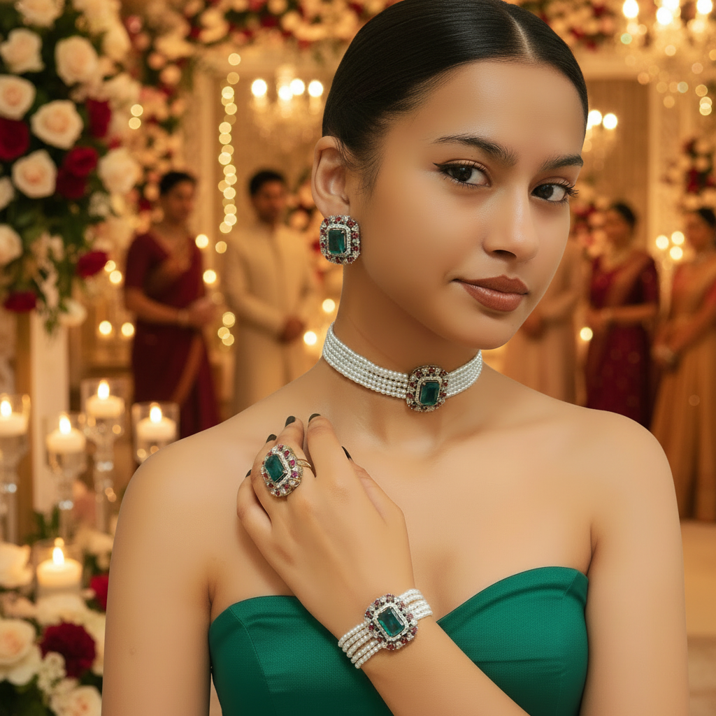 Cz & semiprecious Choker Set with pearl strap