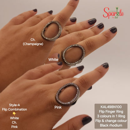 Three close-up views of a person's hand wearing a large oval flip-finger ring with different color settings: champagne, white, and pink. The image includes text labels for each color combination and a product code box on the bottom right.