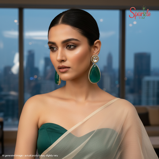 Oversize pear drop kundan earrings with semiprecious green pota doublets