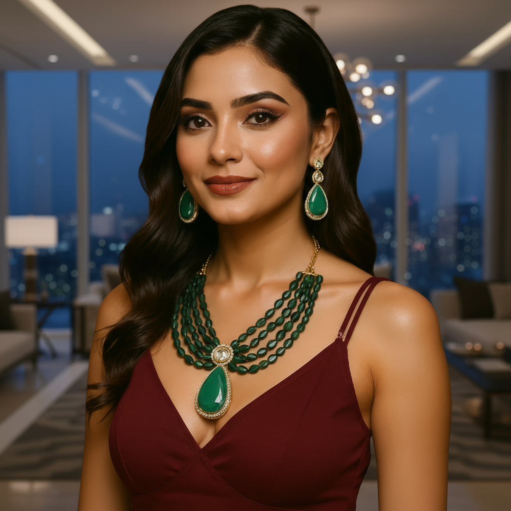 Multi Layered Beaded Kundan Necklace set with semiprecious pear stones