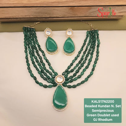 Multi Layered Beaded Kundan Necklace set with semiprecious pear stones