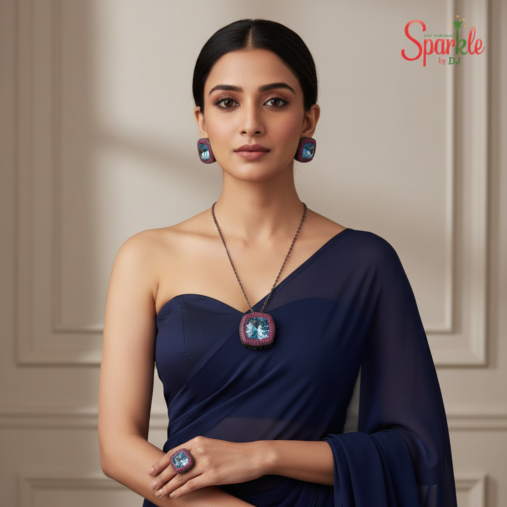 A jewelry set displayed on a light beige surface, including a pendant necklace, two matching earrings, and a ring. The set features large square-cut light blue crystals surrounded by a border of pink stones, with black rhodium metal settings and chains.