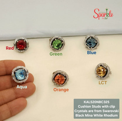 Set of cushion-shaped stud earrings with colored Swarovski Crystals on a white rhodium casing with black mina border. Featuring the brand 'SparklebyDJ'.