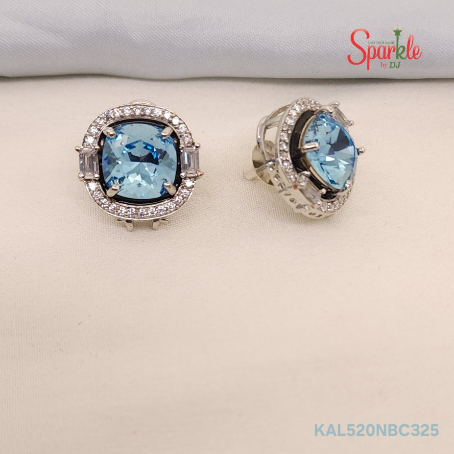 Pair of earrings with Aqua Swarovski Crystals on a light background, branded 'SparklebyDj'.