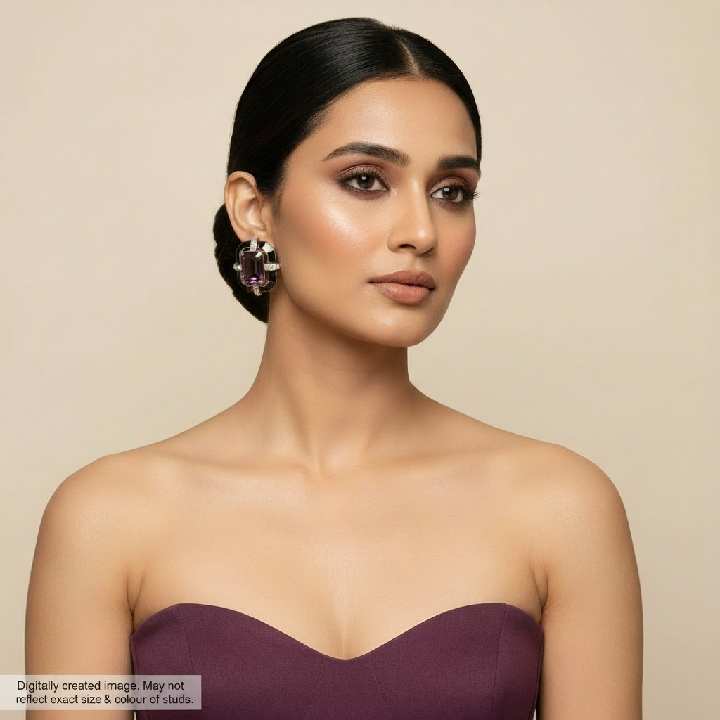 Pair of earrings with purple swarovski crystals on a beige background, branded 'SparklebyDJ'.