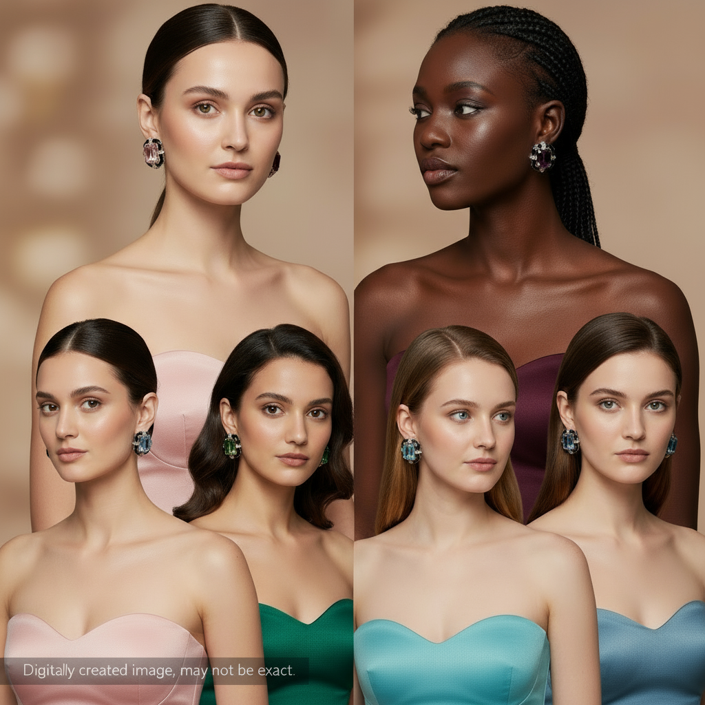 Four gemstone stud earrings in different colors held by a hand, with 'SparklebyDJ' branding.