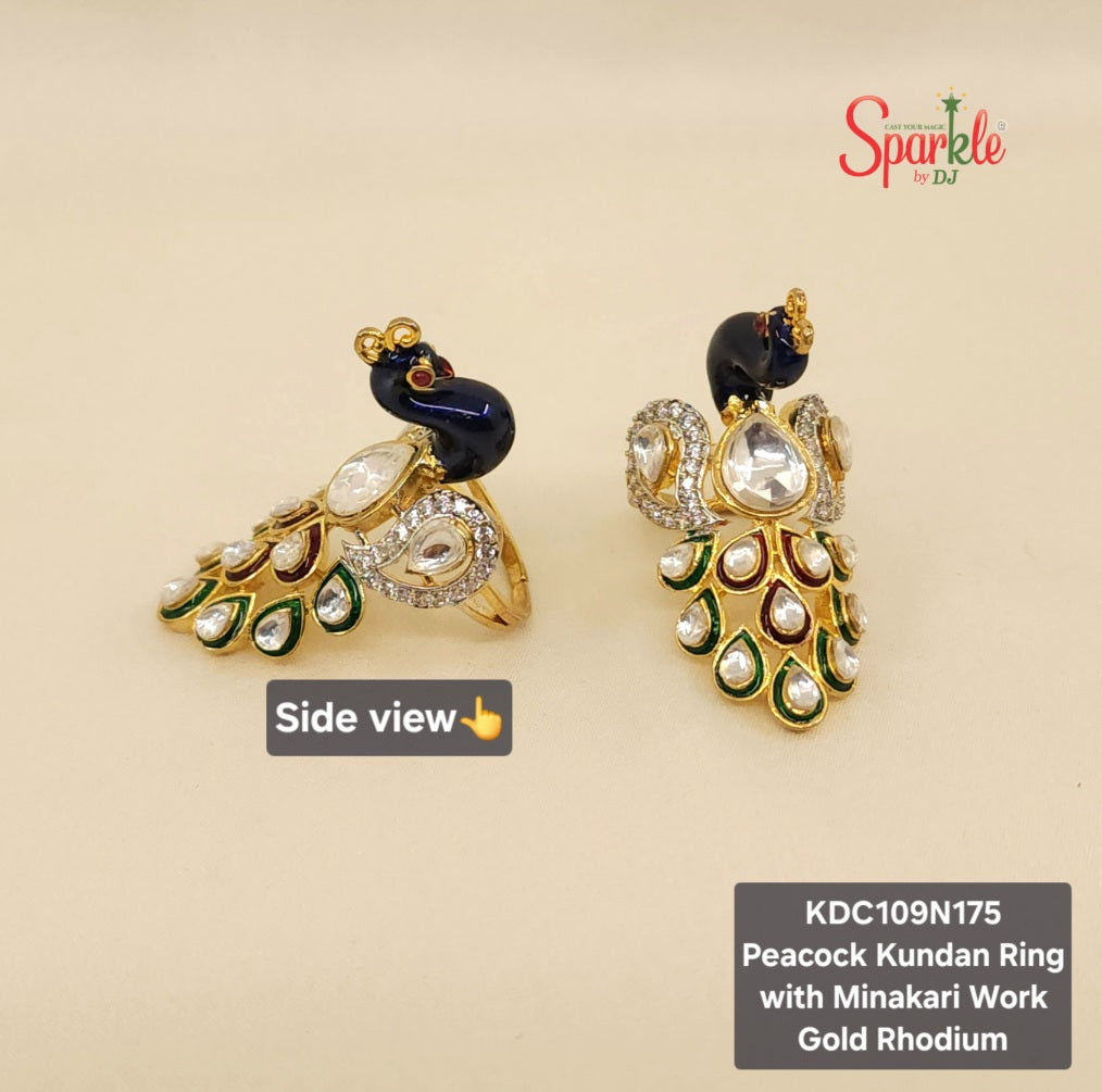 Fine Kundan Minakari Peacock Ring in 24 carat gold plating