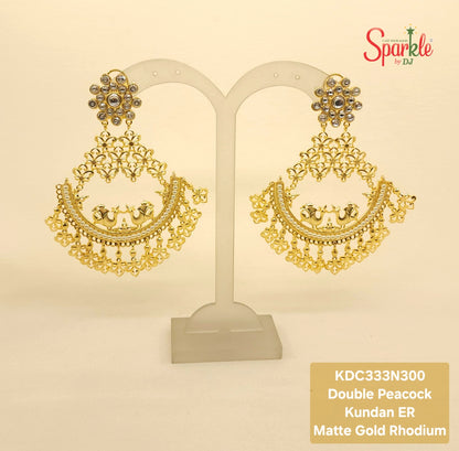 Temple style double peacock kundan chandelier earrings in 24ct gold plating