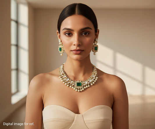 Fine Kundan Necklace set embellished with Semiprecious stone in 24 carat gold plating - SparklebyDJ