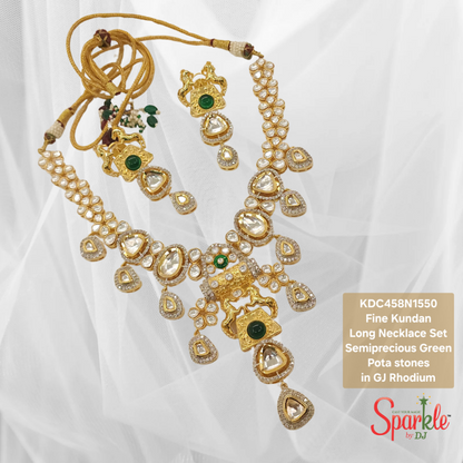 Fine Kundan Long Necklace Set with semiprecious green pota stones - SparklebyDJ