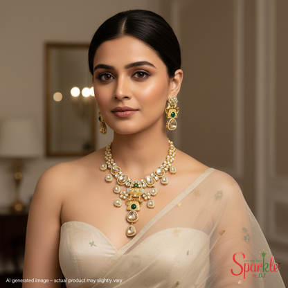 Fine Kundan Long Necklace Set with semiprecious green pota stones