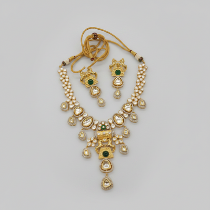 Fine Kundan Long Necklace Set with semiprecious green pota stones