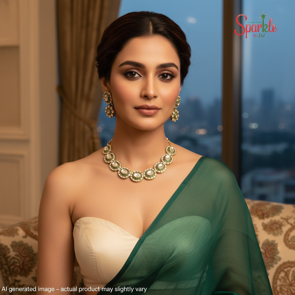 Uncut Fine Kundan Necklace Set embellished with nano green stones
