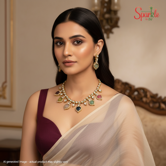 Round kundan necklace set with multicolour pear-shaped laser carved hydro stones hanging