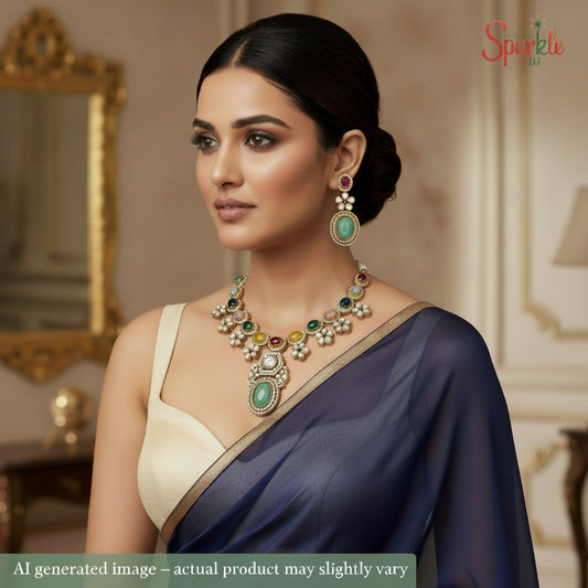 Multicolour pota stones fine kundan-cz necklace set in hena rhodium - SparklebyDJ