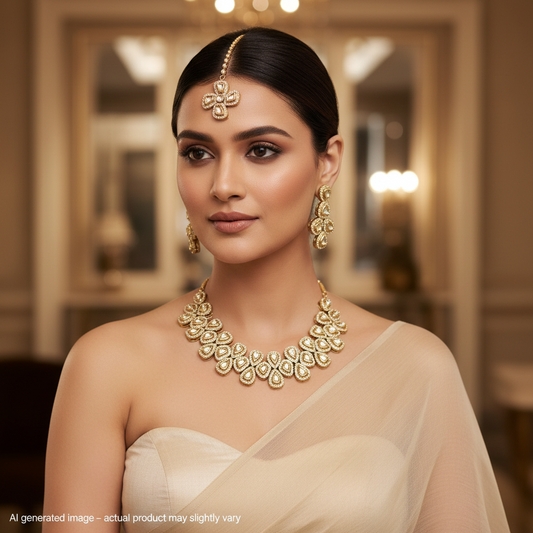 Kundan-cz necklace set with mangtika in hena rhodium