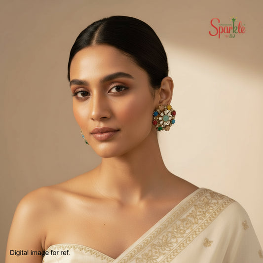 Multicolour cz-kundan studs with pota stones in hena rhodium - SparklebyDJ