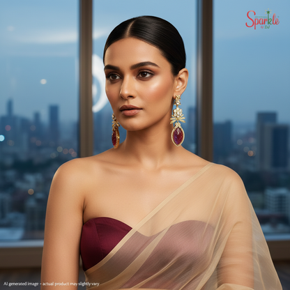 The firefly kundan earrings with eye-shaped drops in hena rhodium