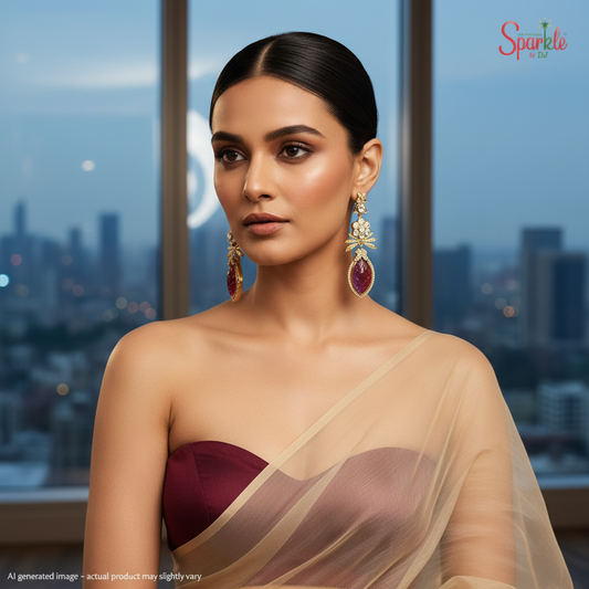 The firefly kundan earrings with eye-shaped drops in hena rhodium