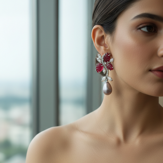 Triple Leaf Laser-Cut Pearl Drop Earrings