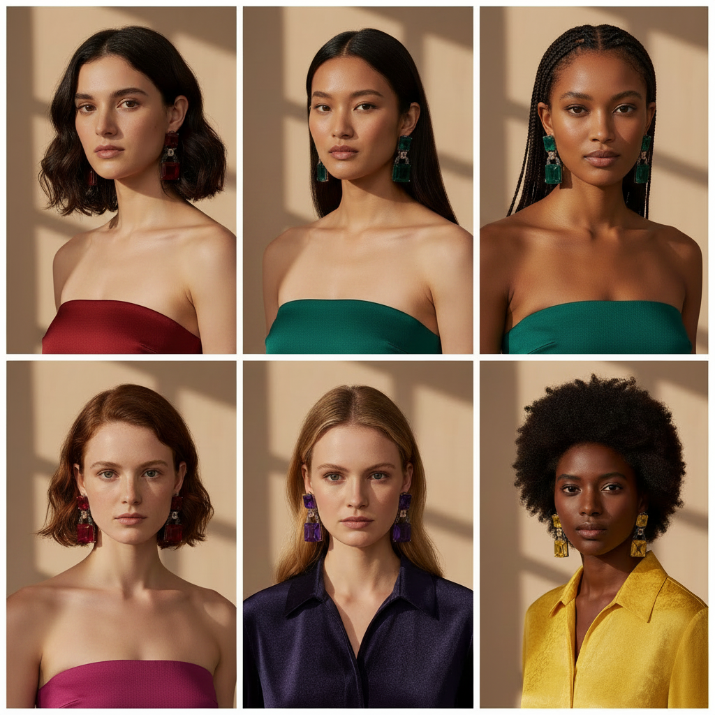 Collage of six women wearing colorful shirts and earrings against a neutral background