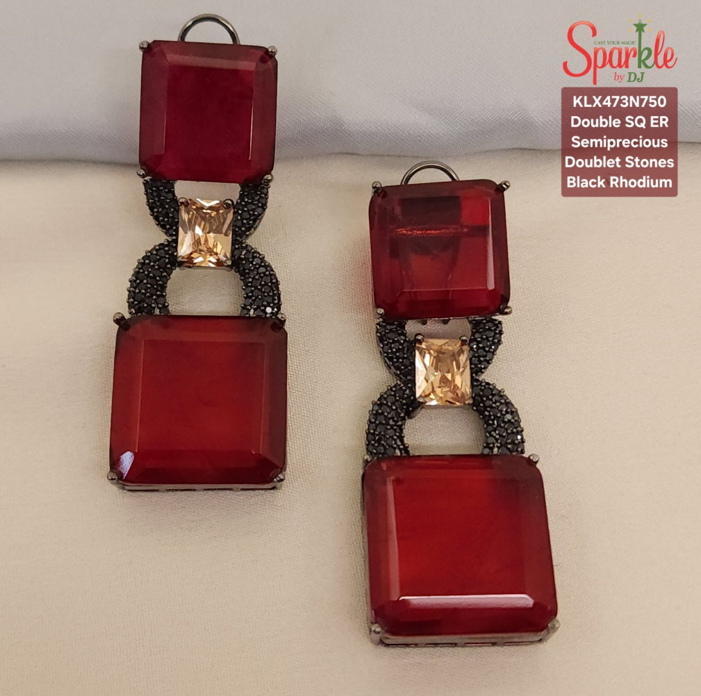 Semi-Precious double SQ. Doublet Statement Earrings