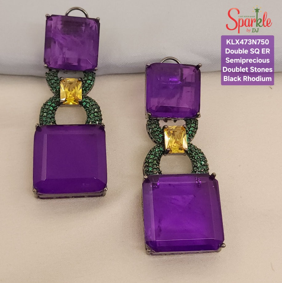 Semi-Precious double SQ. Doublet Statement Earrings