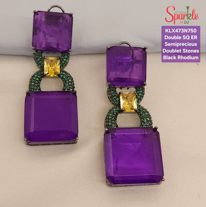 Semi-Precious double SQ. Doublet Statement Earrings