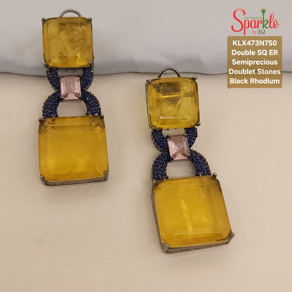 Semi-Precious double SQ. Doublet Statement Earrings