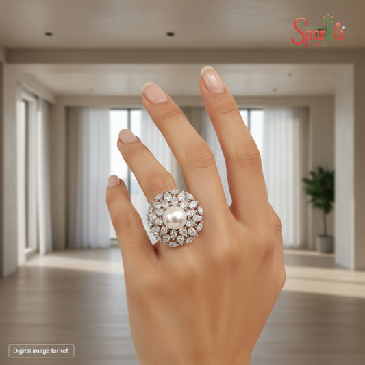 Pearl-Cz round cocktail ring - SparklebyDJ